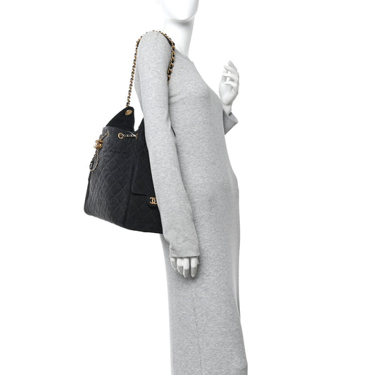 Washed Denim Quilted Medium Chanel 25 Handbag Black