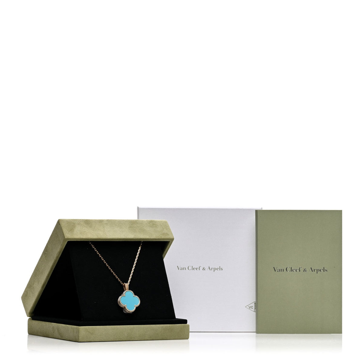18K Yellow Gold Diamond Turquoise Mother of Pearl 28mm Alhambra Secret Pendant Quartz Watch