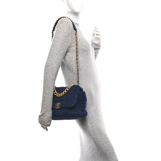 Tweed Quilted Large Chanel 19 Flap Navy Blue