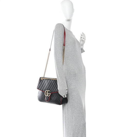 Vintage Effect Calfskin Matelasse Diagonal Large Torchon GG Marmont Shoulder Bag Black Romantic Cherry