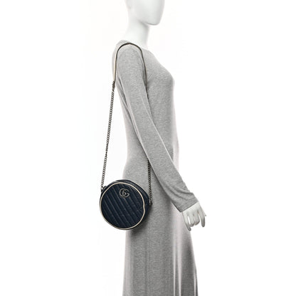 Azalea Calfskin Matelasse Diagonal Mini Torchon GG Marmont Round Shoulder Bag Blue Agata Mystic White