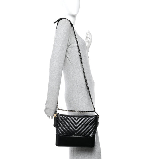 Aged Calfskin Chevron Quilted Medium Gabrielle Hobo Black