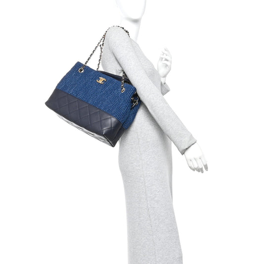 Tweed Shiny Lambskin Quilted Coco Base Small Shopping Bag Dark Blue