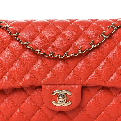 Caviar Quilted Medium Double Flap Light Red