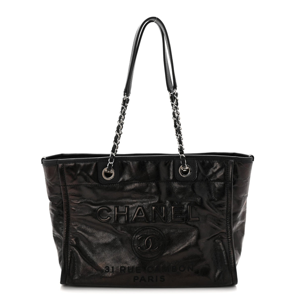 Glazed Calfskin Small Deauville Tote Black