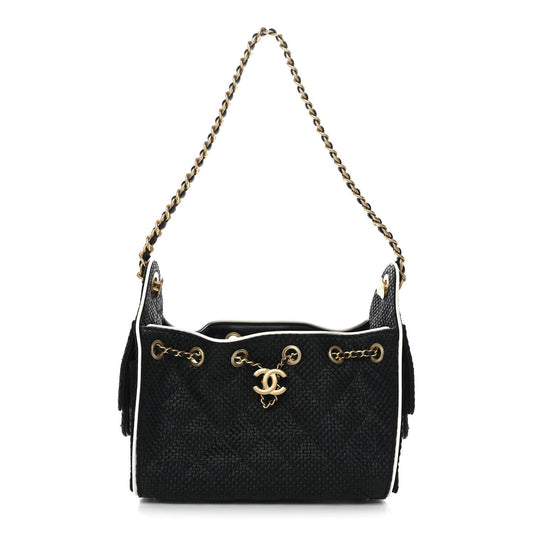 Braided Raffia Calfskin Quilted Mini Chanel 25 Handbag Black White