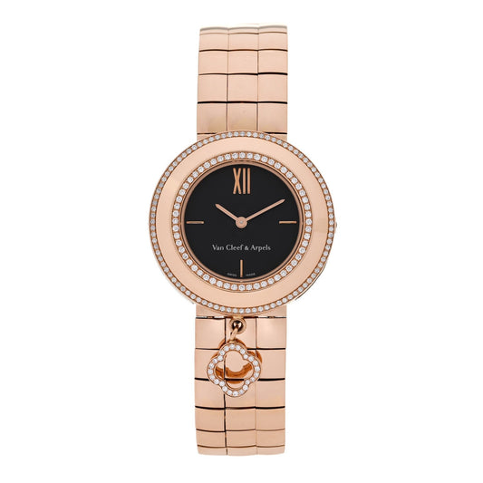 18K Rose Gold Diamond Bezel 32mm Charms Quartz Watch Black