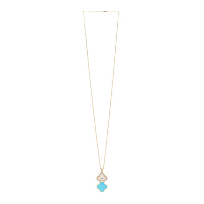 18K Yellow Gold Diamond Turquoise Mother of Pearl 28mm Alhambra Secret Pendant Quartz Watch