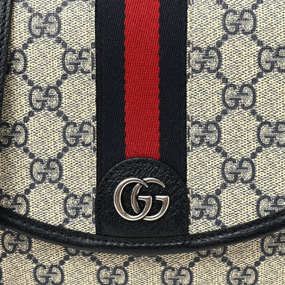 GG Supreme Monogram Textured Dollar Calfskin Web Studded Mini Ophidia Flap Shoulder Bag Beige Blue
