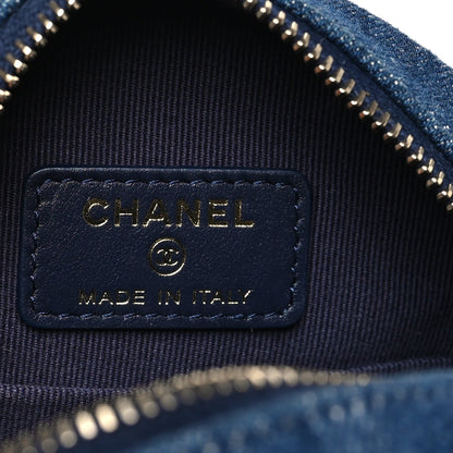 Denim Quilted Chanel 19 Round Clutch With Chain Blue