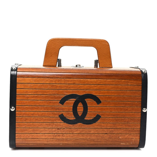 Wood Lambskin CC Vanity Case Brown Black