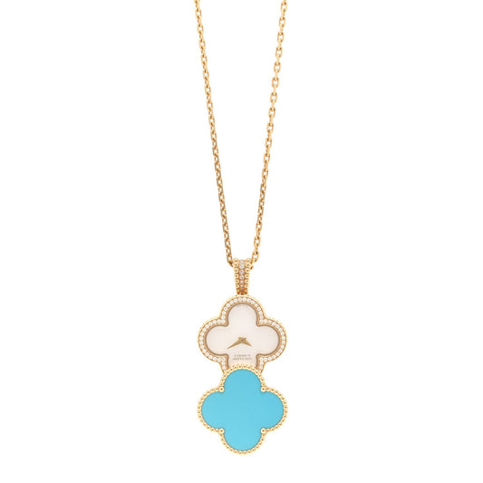 18K Yellow Gold Diamond Turquoise Mother of Pearl 28mm Alhambra Secret Pendant Quartz Watch