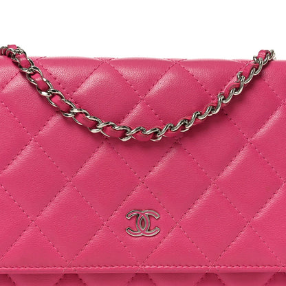 Lambskin Quilted Wallet On Chain WOC Dark Pink