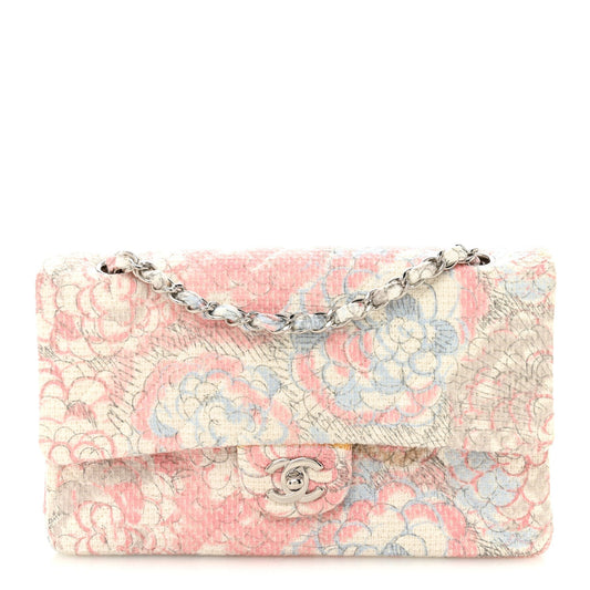 Tweed Quilted Camellia Medium Double Flap Ivory Multicolor