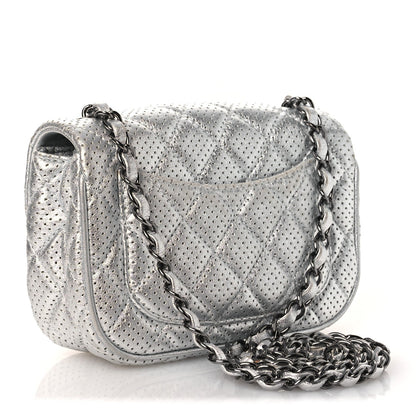 Metallic Lambskin Perforated Mini Rectangular Flap Silver