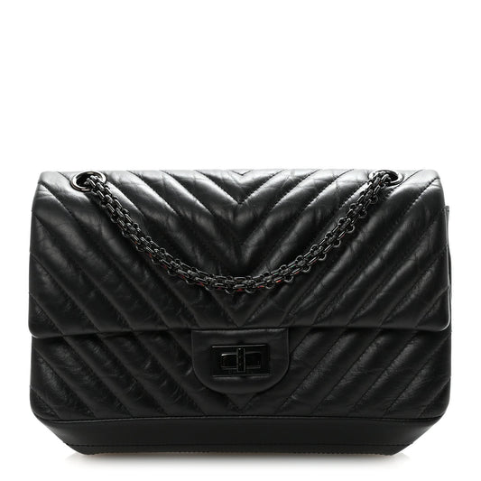 Aged Calfskin Chevron Quilted 2.55 Reissue 225 Flap So Black