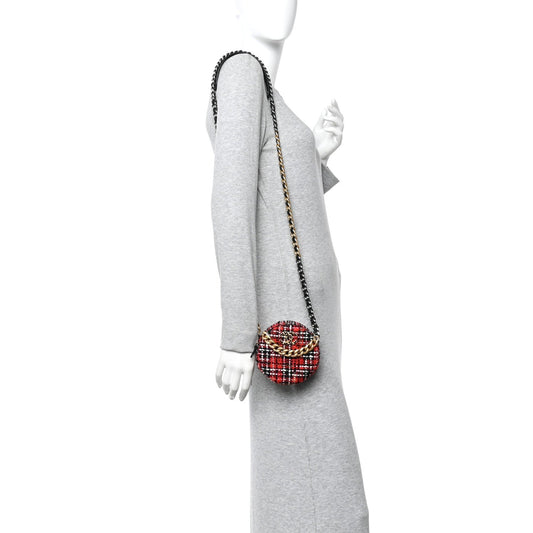 Tweed Quilted Chanel 19 Round Clutch With Chain  Red Black White Green