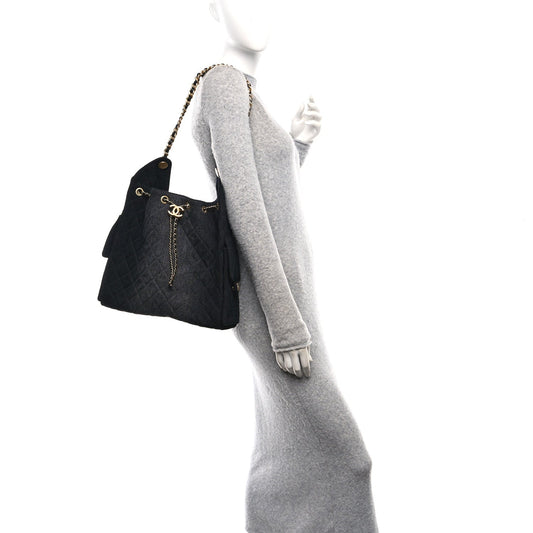 Washed Denim Quilted Medium Chanel 25 Handbag Black