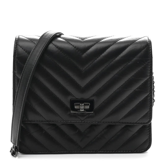 Aged Calfskin Chevron Quilted Reissue 2.55 Square Wallet On Chain WOC So Black