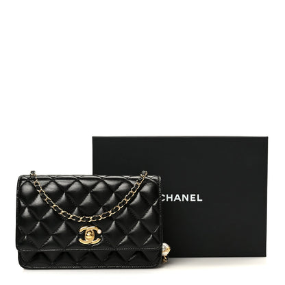 Shiny Lambskin Quilted CC Pearl Wallet on Chain WOC Black