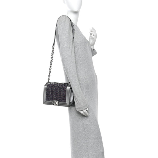 Tweed Metallic Lambskin Medium Boy Flap Silver